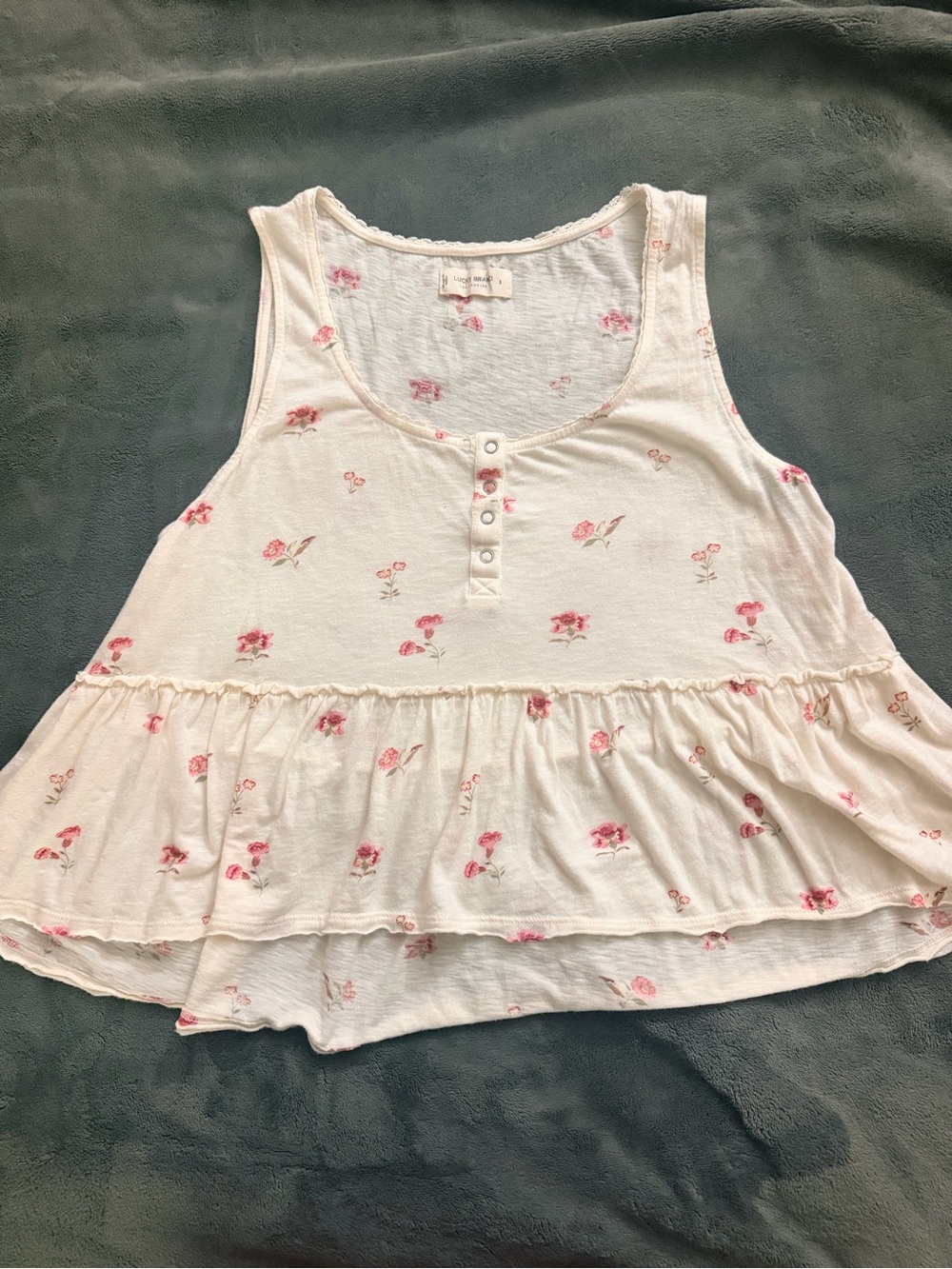 Lucky Brand Cream Tank Top with Pink Floral Print Small